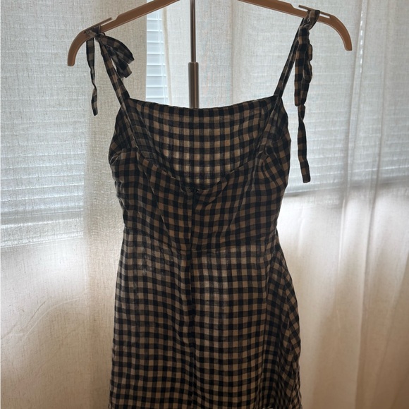 Reformation Gingham Tie-Shoulder Mini Dress in Black and Cream - Picture 5 of 6
